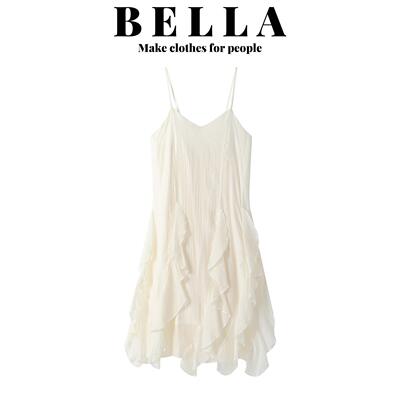 BELLA法式不规则荷叶边吊带洋装女夏季气质休闲度假风a字蛋糕裙
