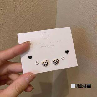fashion love S925 needle and white black silver checkerboard