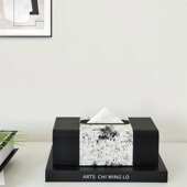 现代轻奢水墨斑点黑白创意托盘纸巾盒桌面收纳摆件酒店客厅装 饰