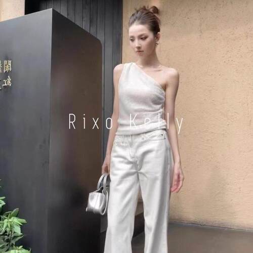 Rixo Kelly飘带斜肩设计感百搭衬衣女气质显瘦高级感露肩休闲上衣