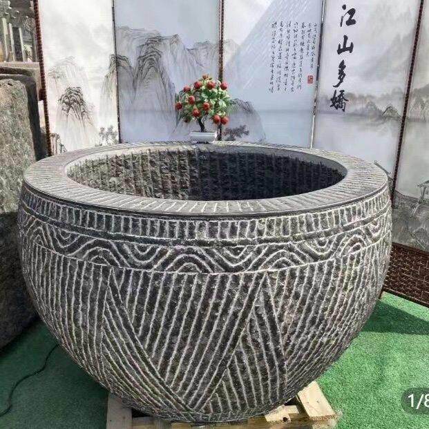 青石水缸彷古石头鱼缸户外花盆圆形石缸庭院石缸养鱼石材大缸石槽