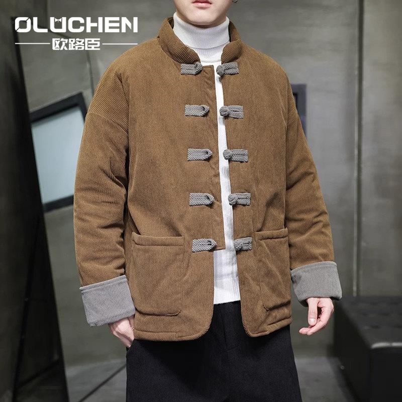 OULUCHEN中国风灯芯绒男士棉衣秋冬加厚棉袄大码棉服盘扣唐装外套