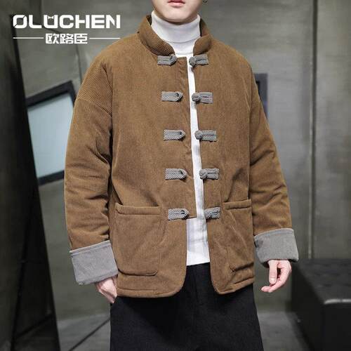 OULUCHEN中国风灯芯绒男士棉衣秋冬加厚棉袄大码棉服盘扣唐装外套