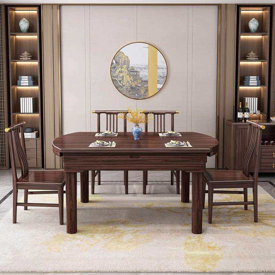 新中式实木餐桌椅伸缩现代简约家用圆形吃饭桌子乌金木可变圆桌