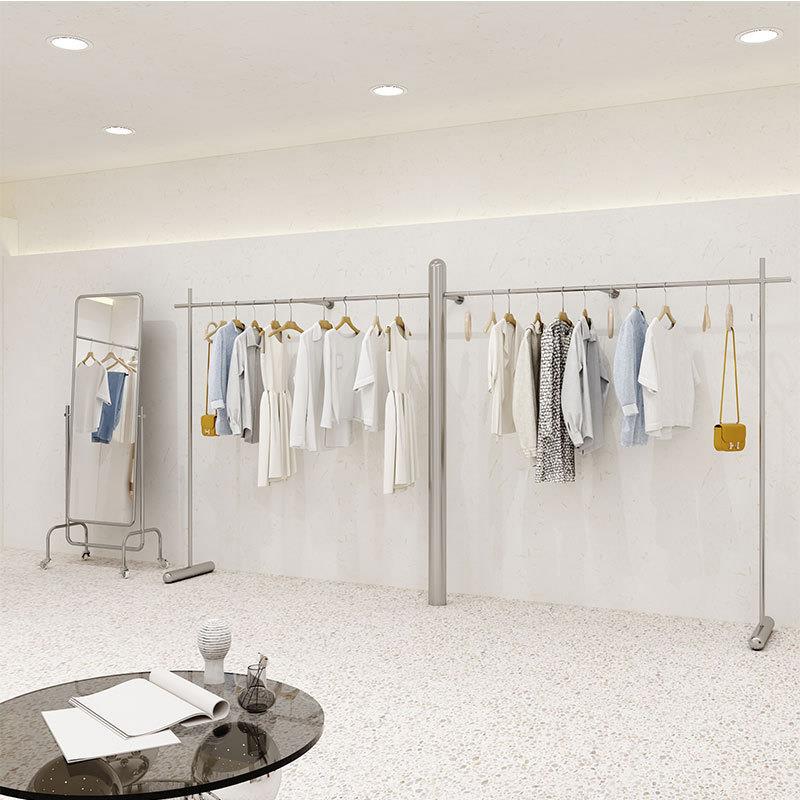 服装店展示架不锈钢上墙落地式挂衣服架子男女童装店货架侧挂陈列
