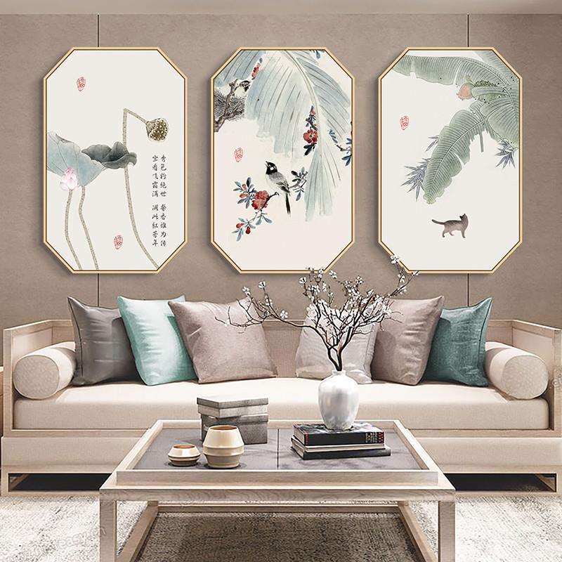新中式八边形装饰画禅意书房挂画花鸟客厅壁画中国风墙画
