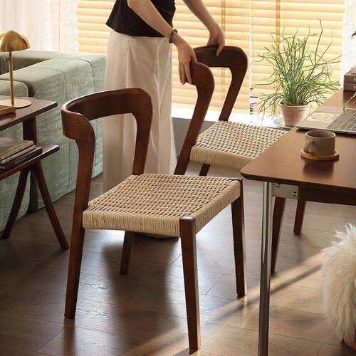 法式实木餐椅中复古风黑色梳化妆凳藤编织设计师靠背可叠放桌椅子