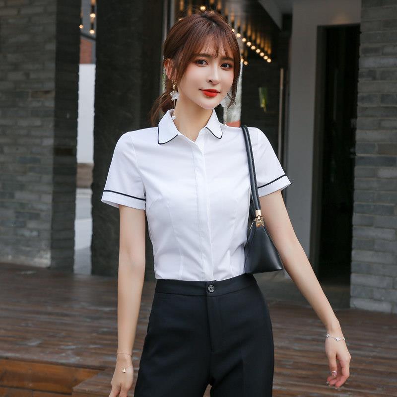短袖白衬衣工装娃娃领酒店工作服气质正装打底上衣套装职业衬衫女