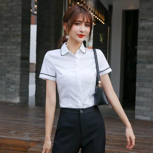 短袖白衬衣工装娃娃领酒店工作服气质正装打底上衣套装职业衬衫女