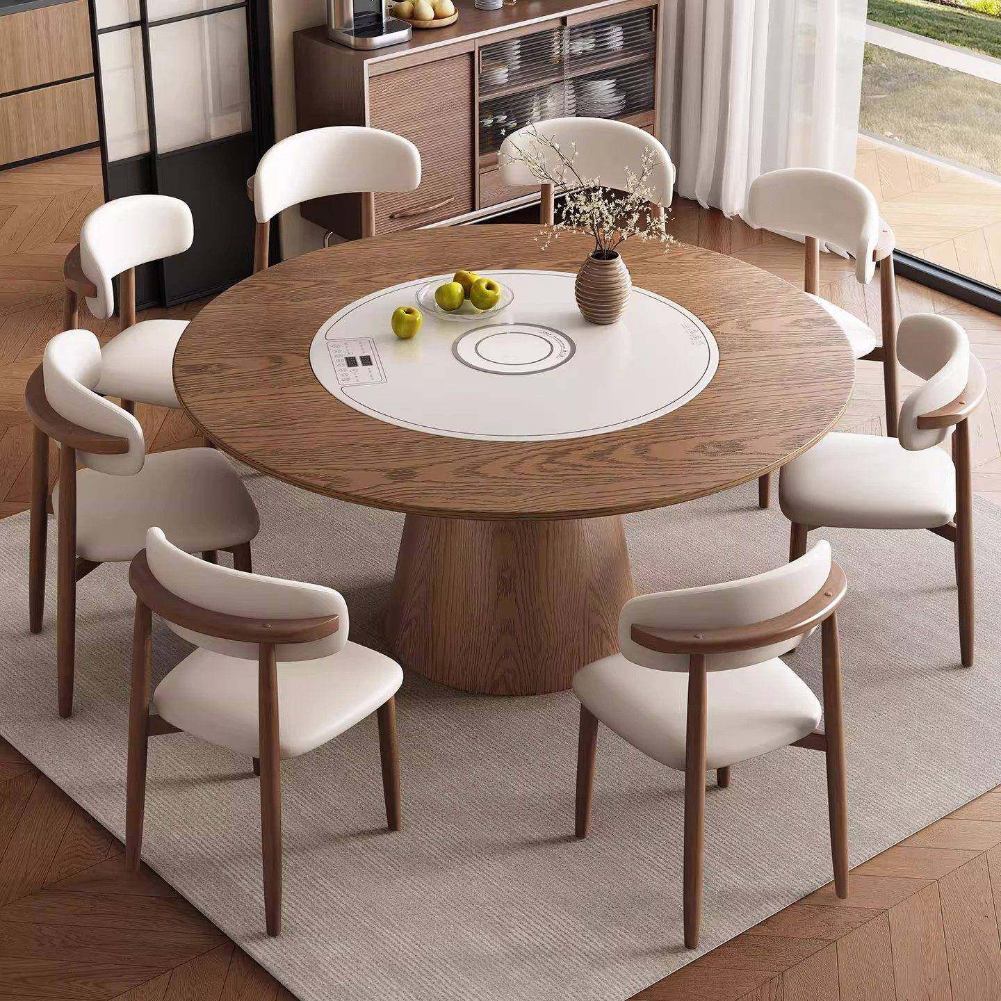 原木中古风全实木圆餐桌家用圆桌岩板带电动转盘大圆桌带暖菜板,住宅家具,实木餐桌,淘宝优惠券,粉丝福利购,淘宝优惠卷