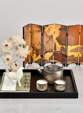 描金泡茶壶托盘假山组合茶室书房售样板房大平层别墅会客室软装