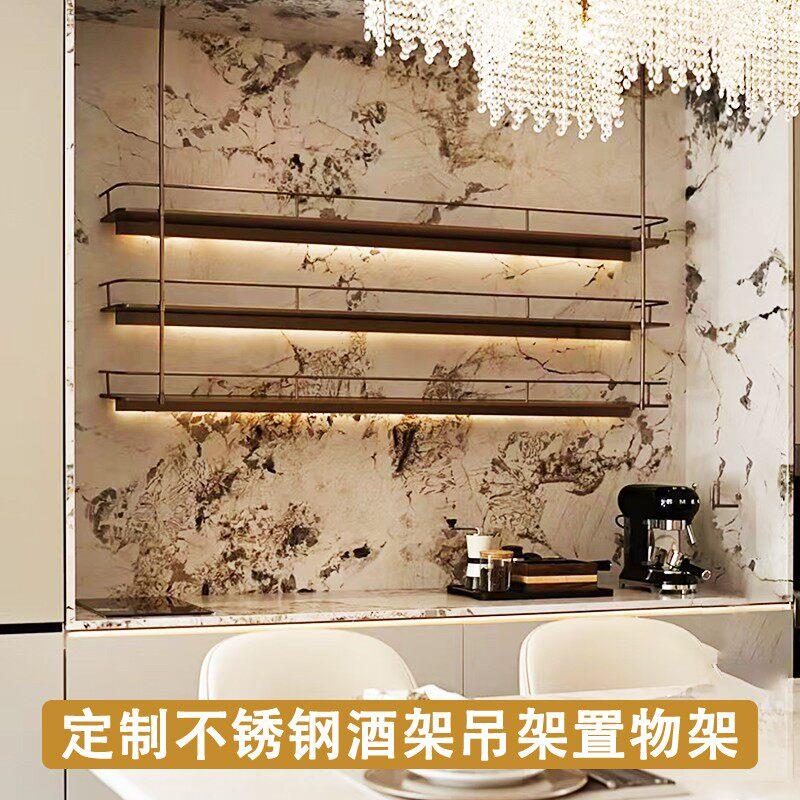 酒吧吧台悬空不锈钢吊架红酒酒架 饭厅吧台金属置物架发光酒杯架图片