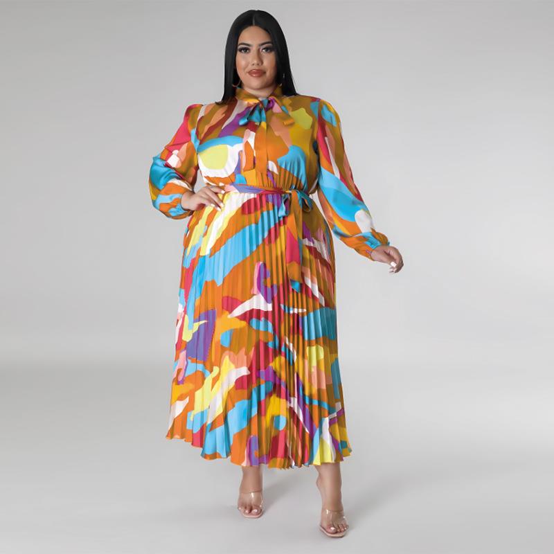 Plus size women's pleated collared long sleeve dress factory