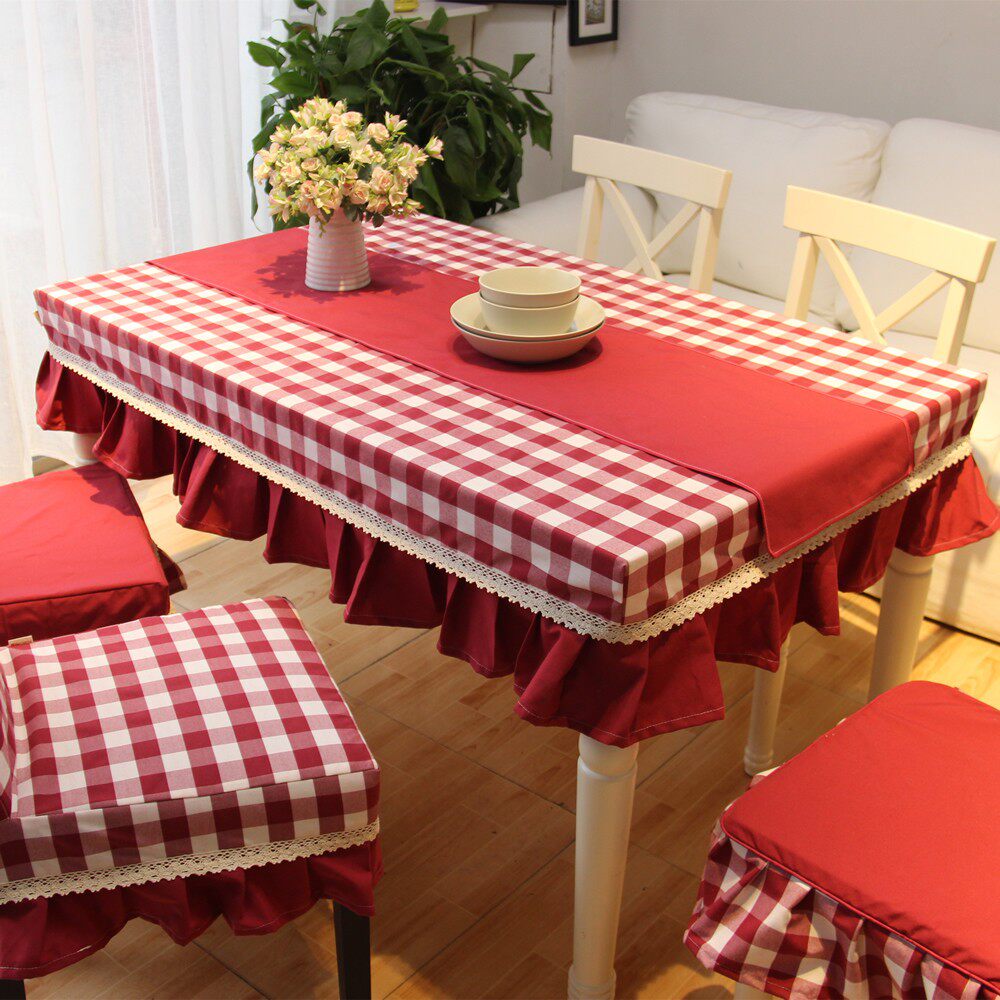 酒红格子纯棉加厚桌布 餐桌布桌罩茶几布椅子套靠背一体家用定制