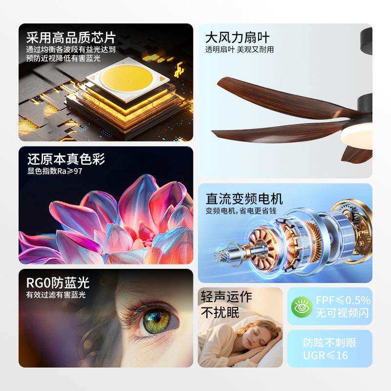 家用大风力静音吊扇灯餐厅客厅复古风扇灯具智能五叶全光谱风扇灯