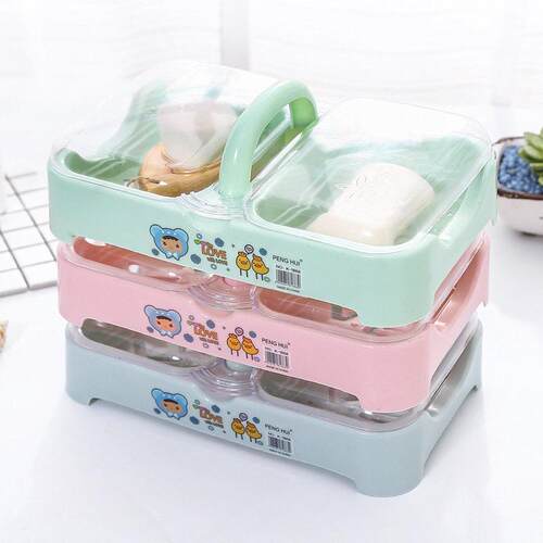 Dual-compartment soap dish with lid, large double-layered dr