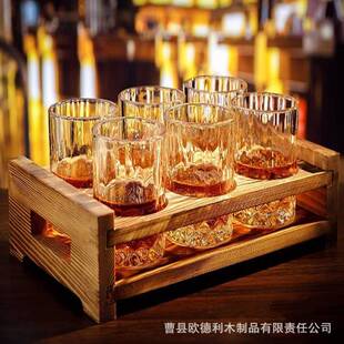 创意实木酒架啤酒托盘带手柄咖啡杯托酒吧派对木质烈酒杯托架