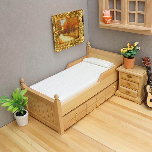 1：12迷你娃娃屋摆件dollhouse家具OB11床仿真木床带抽屉微缩床