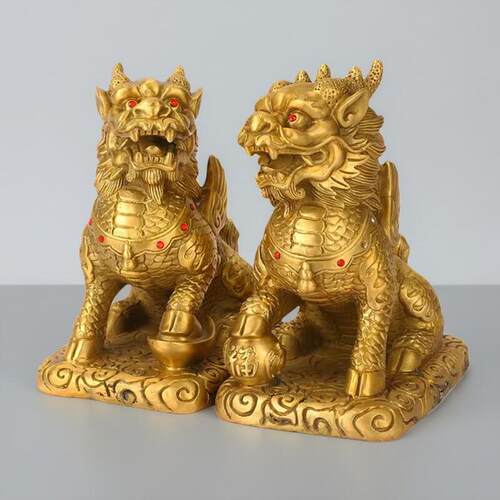 护宅麒麟铜麒麟摆件公母一对全黄铜制化解白虎抬头吉祥物家用玄关