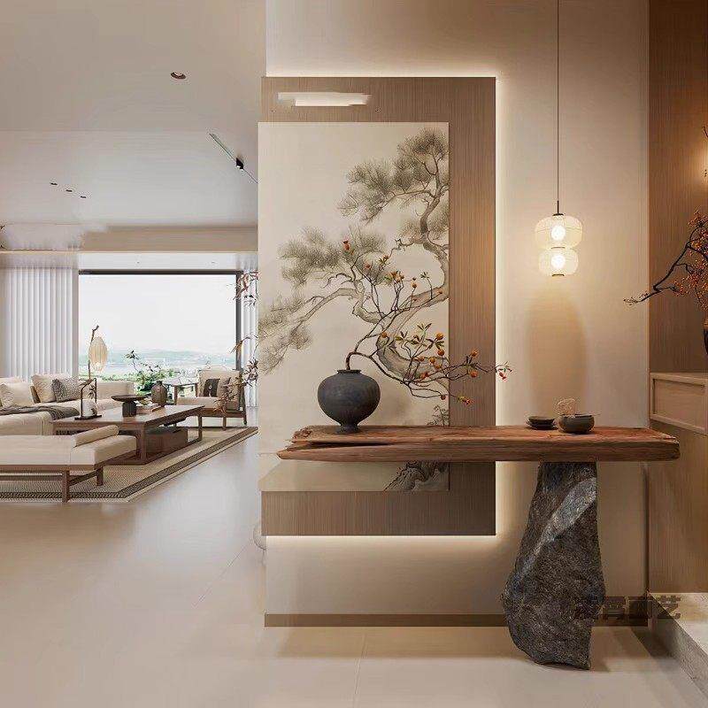 中式古视风山水板扣客CAG厅沙景发电背墙碳晶板装饰画宋氏美学护