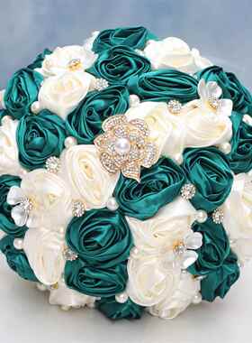 现货欧美花束新娘珍珠水钻手捧花创意玫瑰卷手持花束婚礼花W1013