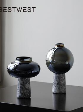 博西家居中古风大花理HD石花器板摆件软轻奢家居样间玻璃瓶装饰品