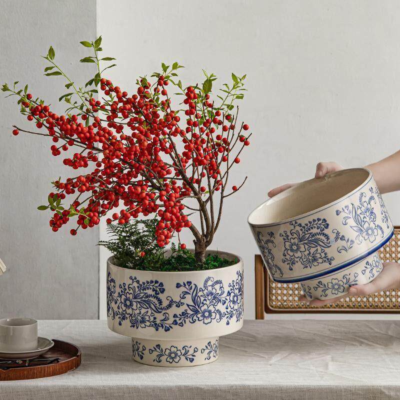 青花瓷花盆冬青陶瓷大口径精致新中式室内装饰高脚覆古瓷器绿植