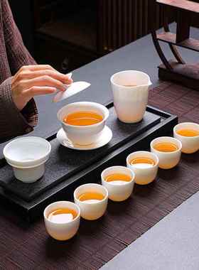 cy-8885白身套羊脂玉茶具白装纯灰色皮盒商务送礼家用简l约便携可