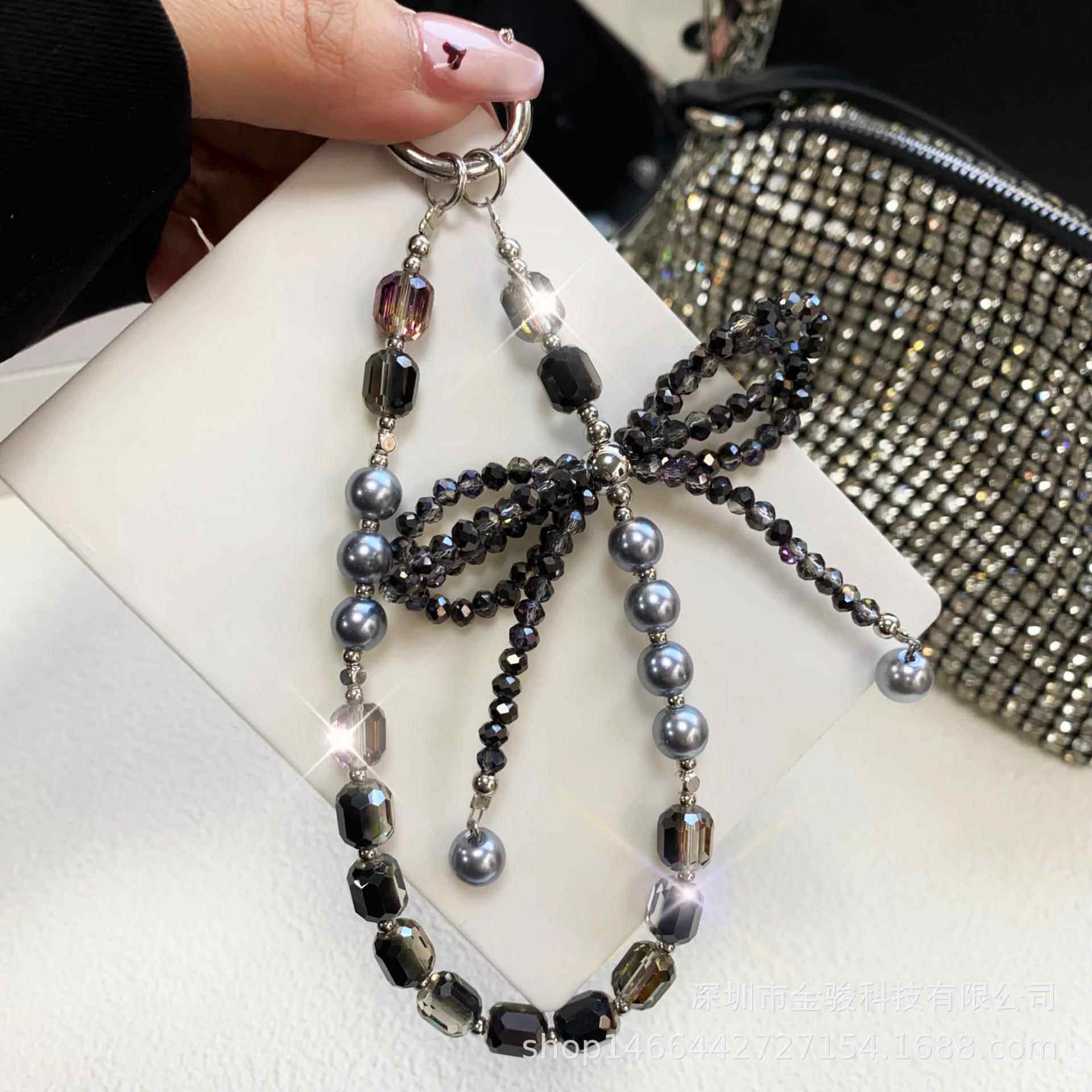 手机链条高级感 立体水晶蝴蝶结钥匙挂链 珍珠手机挂绳手腕款