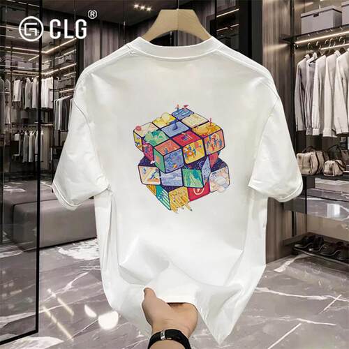 香港CLG潮牌重磅纯棉七彩魔方印花短袖T恤男宽松情侣潮流圆领上衣