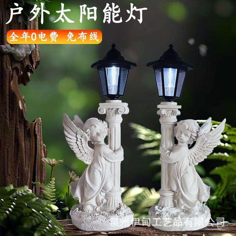 太阳能罗马柱天使灯庭院花园户外防水树脂仿古工艺品大门装饰摆件