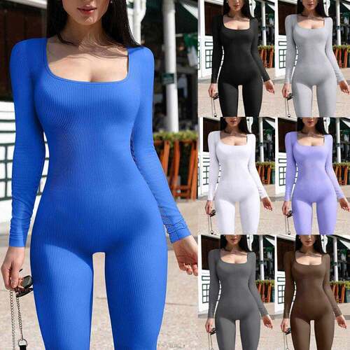 Women's Short Sleeve Long Pants Jumpsuit, Plain Color Elasti
