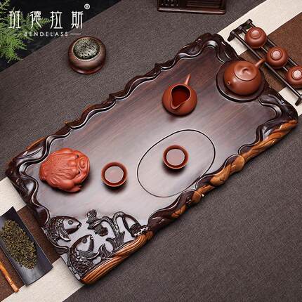 整块黑檀木茶台实木茶盘功夫茶具高档家用茶台简约茶海精雕茶盘