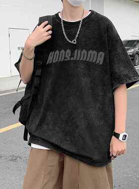 夏款水洗做旧短袖T恤高街扎染印花上衣夏季潮牌宽松袖T恤男0305d