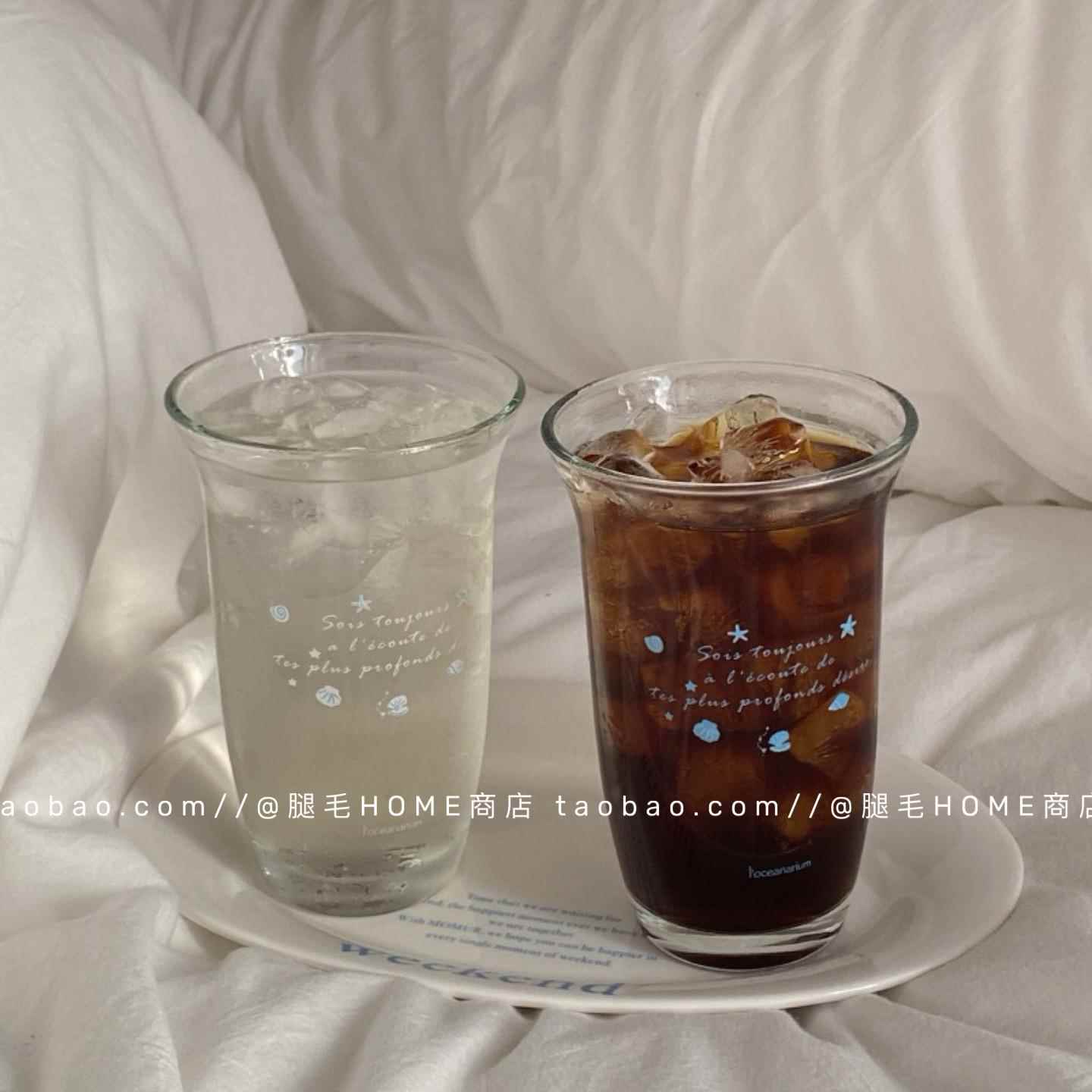 韩式中古风ins蓝色小清新贝壳英文玻璃杯覆古翻口果汁冷饮啤酒杯