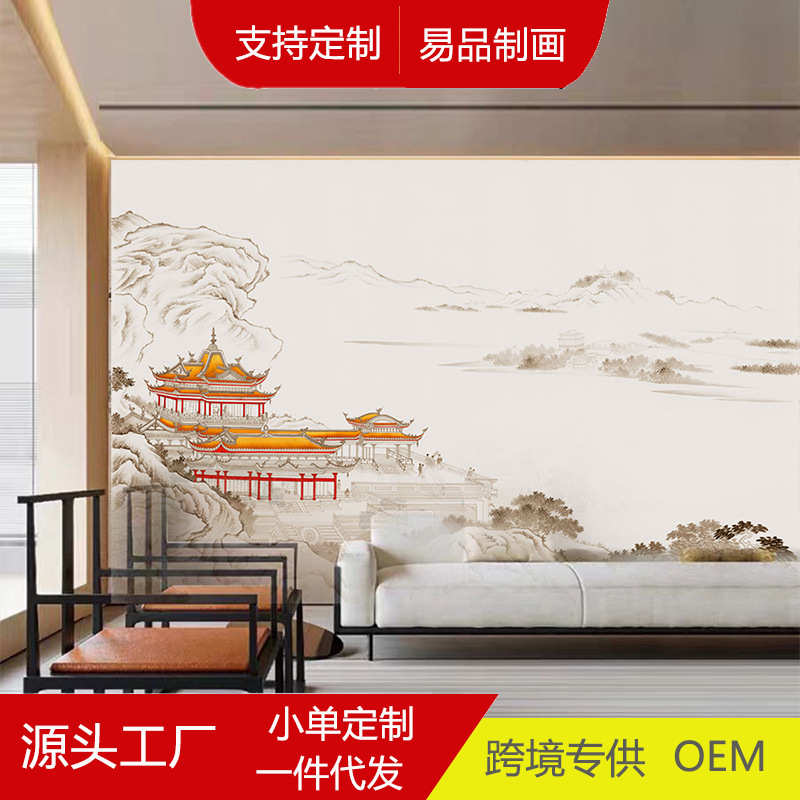 定制新中式酒店前台墙布宴会厅墙面装饰建筑楼阁壁画硬包背景墙图片