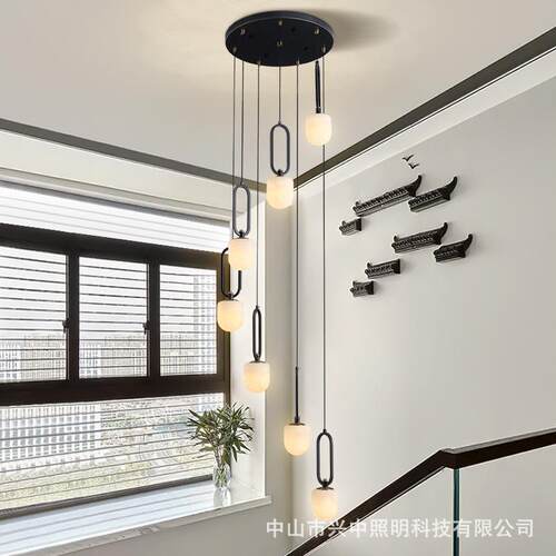 新中式全铜云石灯旋转楼梯灯简约轻奢别墅复式楼挑高loft长吊灯