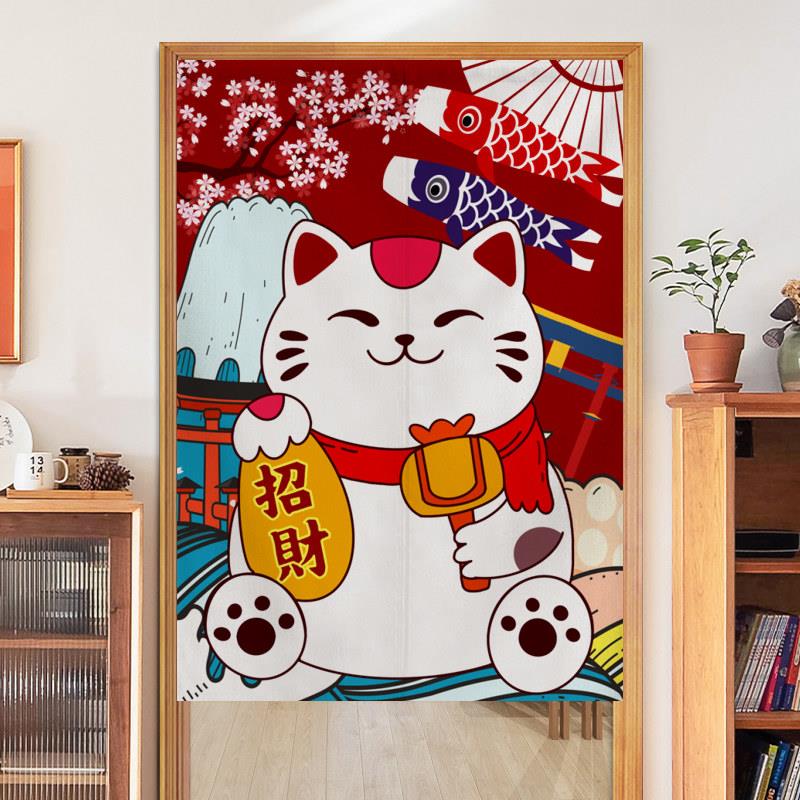 日工招财猫门帘 免打孔穿杆式半帘房间卧室遮挡帘