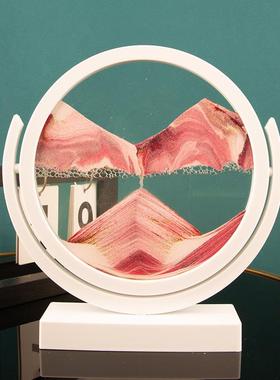 创意解压翻转圆盘3d山水立体动态玻璃流沙画沙漏摆件酒柜客厅装饰