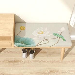 新中式山水荷花换鞋凳海绵垫凳卡座鞋柜玄关定做软包加厚沙发坐垫