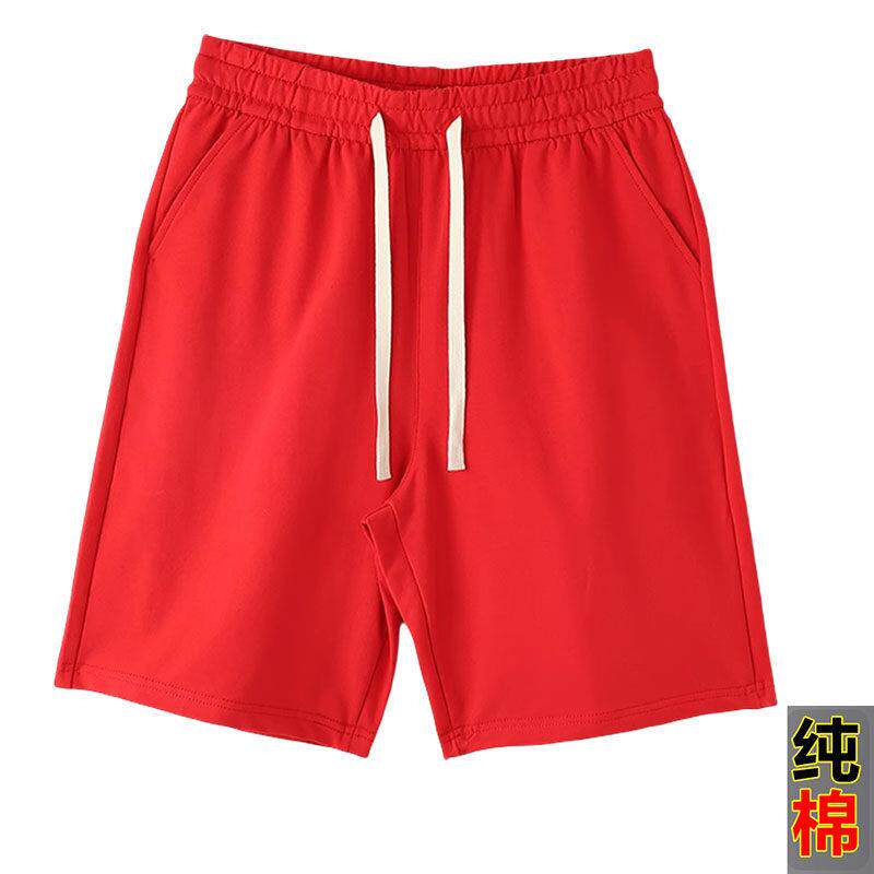 红色五分裤男女活动休闲 短裤纯棉运动裤夏季薄款宽松直筒沙滩五