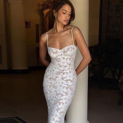Women Backless Floral Lace Mermaid Cami Dress Sleeveless