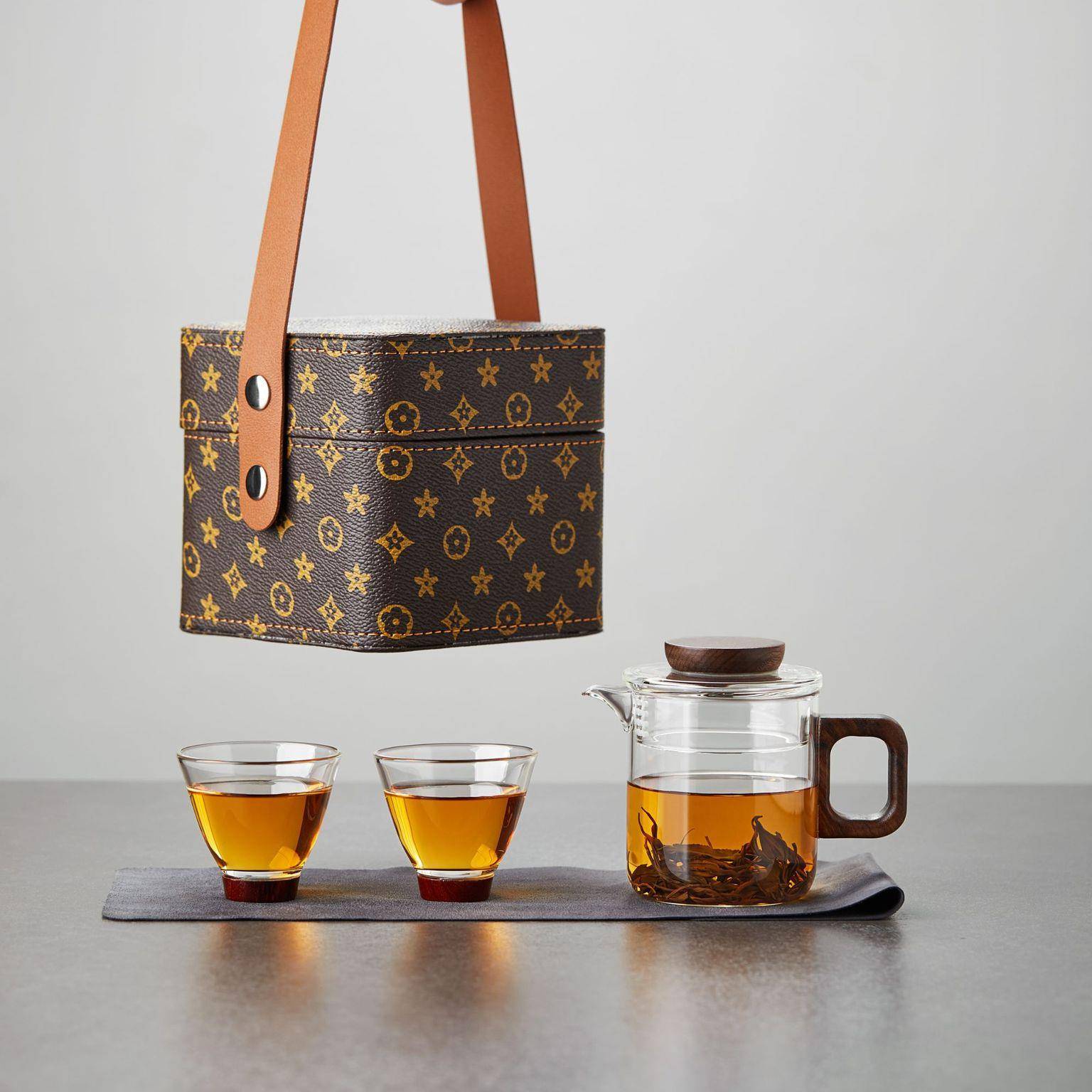 旅行茶具套装一壶两杯户外露营便携式收纳玻璃茶器套装皮革礼包