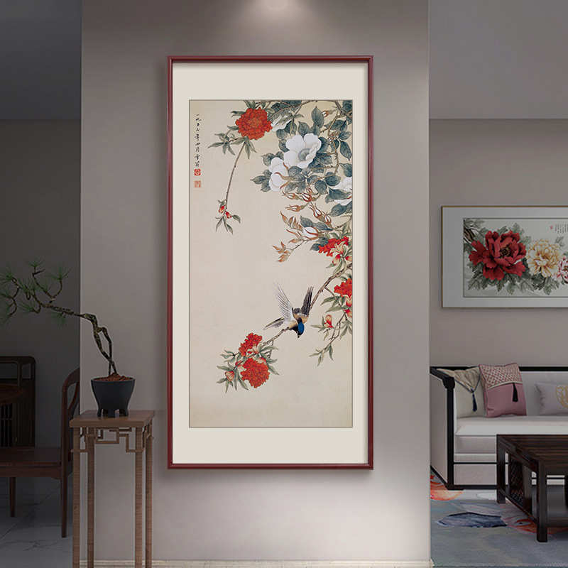 新中式玄关走廊装饰画花鸟画国画喜鹊客厅背景墙竖幅挂画喜上眉梢图片