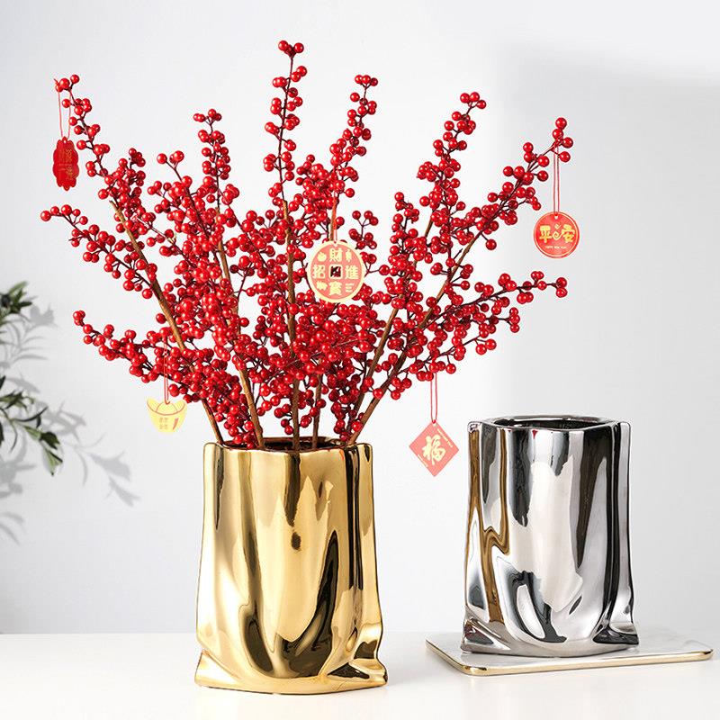 北欧风轻奢金色银色褶皱花瓶套装发财果彷真花石榴果客厅餐桌摆件