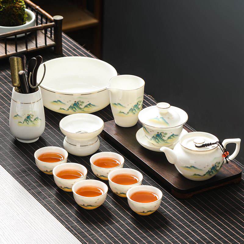 茶具套组家用陶瓷整套功夫中式羊脂玉白瓷玻璃紫砂盖碗茶壶茶杯器