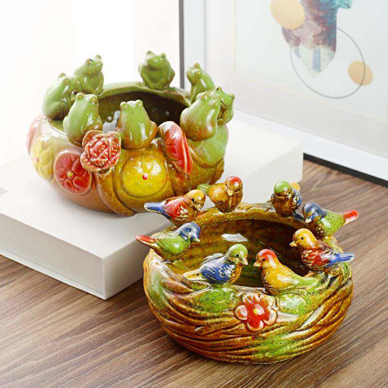 陶瓷工艺品窑变釉水果盘收纳摆件小鸟动物水果盘家居摆设