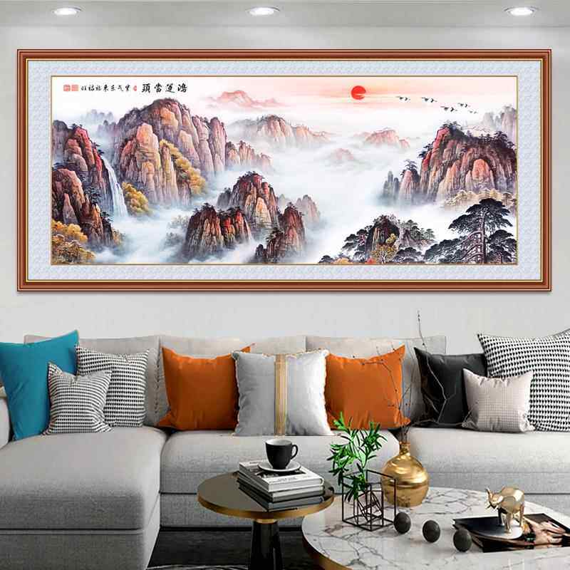 自粘壁画画客厅装饰画靠山图沙发背景迎客松山水画泰山日出九鱼图