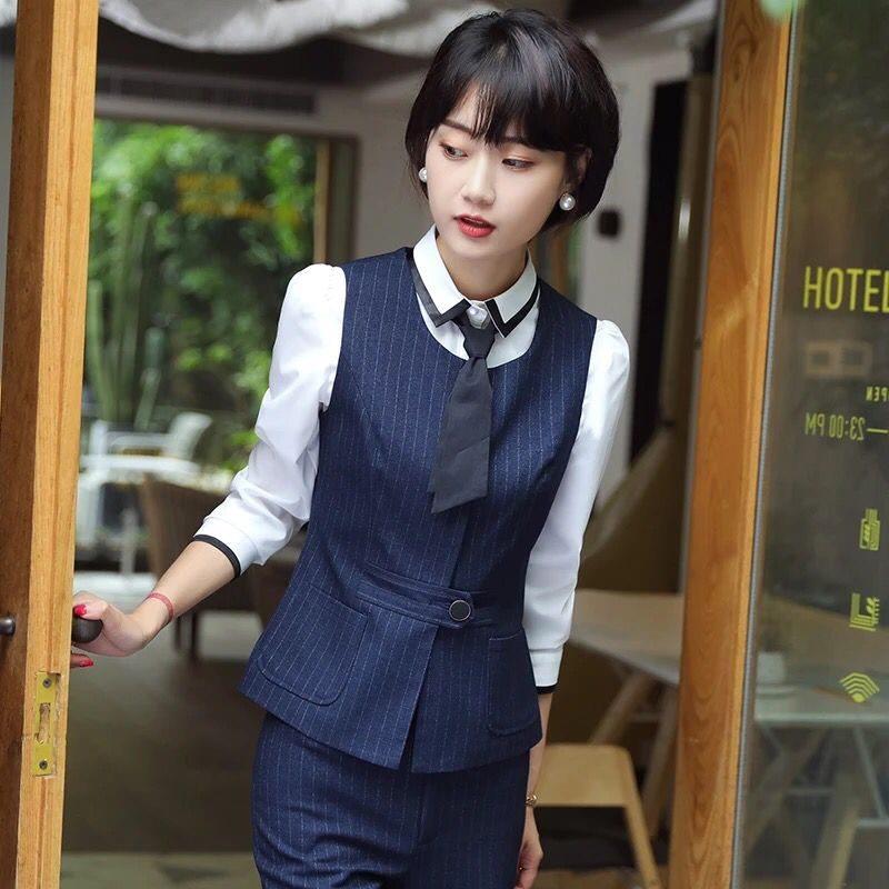 职业马甲套装女条纹新款秋冬工装美容院酒店工作服时尚前台工作装