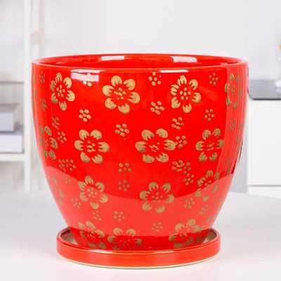 花盆陶瓷福字万年青盆带托盘批发特大号结婚喜庆吊兰绿萝枫荣